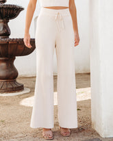 Effortlessly Chic Ribbed Drawstring Wide Leg Pants - Cream